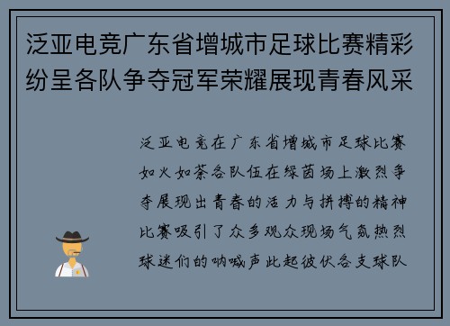 泛亚电竞广东省增城市足球比赛精彩纷呈各队争夺冠军荣耀展现青春风采
