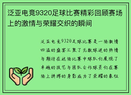 泛亚电竞9320足球比赛精彩回顾赛场上的激情与荣耀交织的瞬间