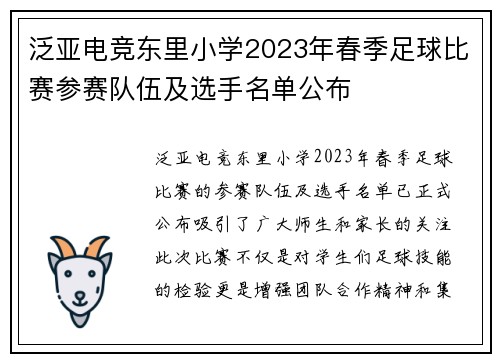 泛亚电竞东里小学2023年春季足球比赛参赛队伍及选手名单公布