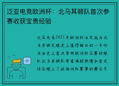 泛亚电竞欧洲杯：北马其顿队首次参赛收获宝贵经验